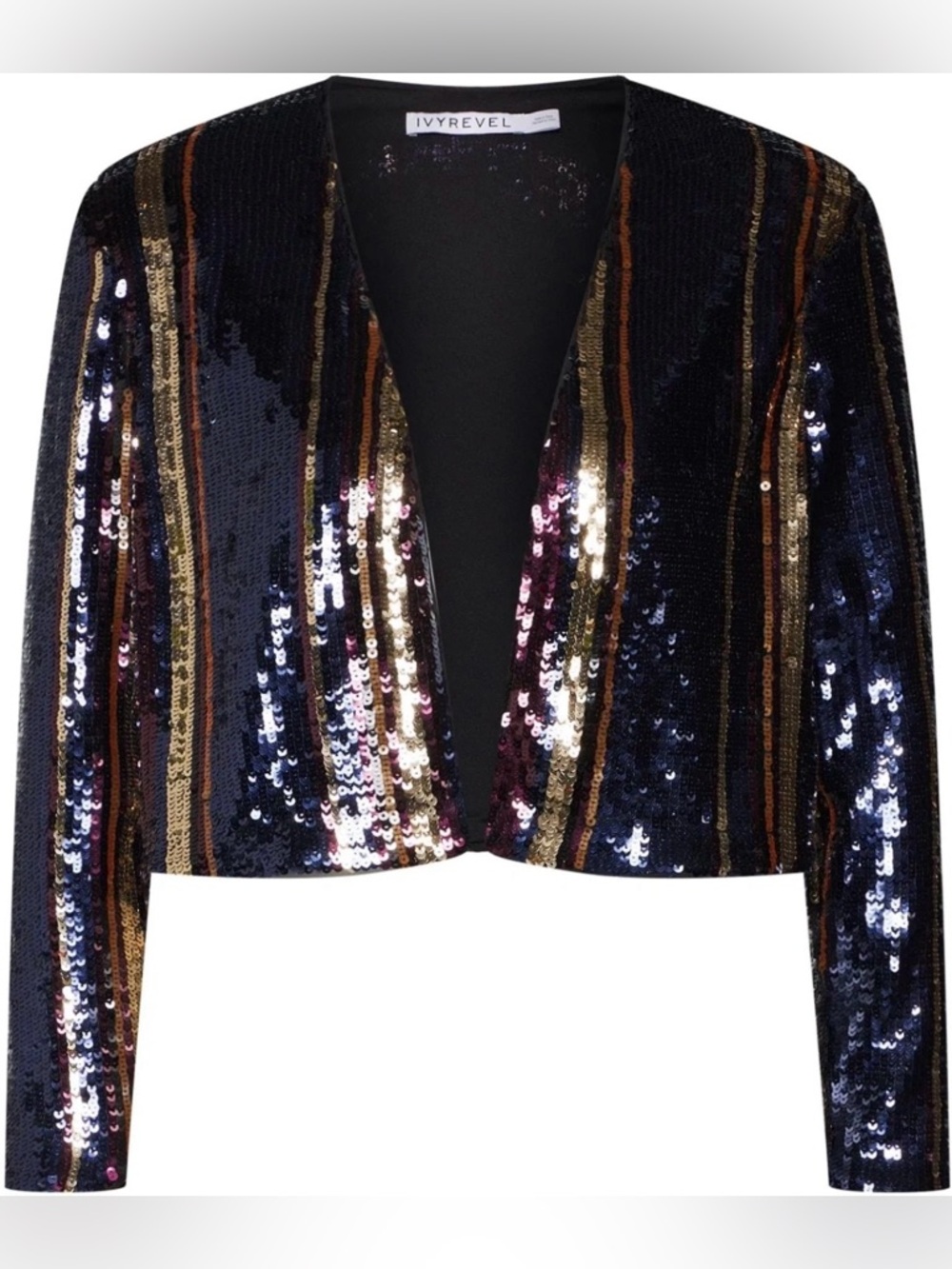 Ivyrevel Tracy Cropped Sequin Stripe Blazer Jacket - Navy, Gold, Brown